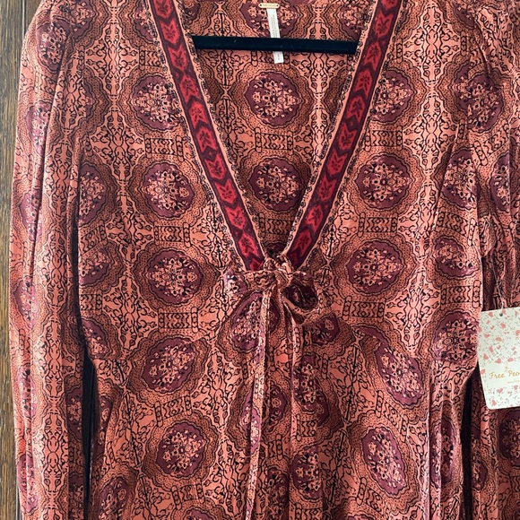 Free People Time of Your Life Bell Sleeve, Boho Top in Coral Combo - Picture 3 of 7